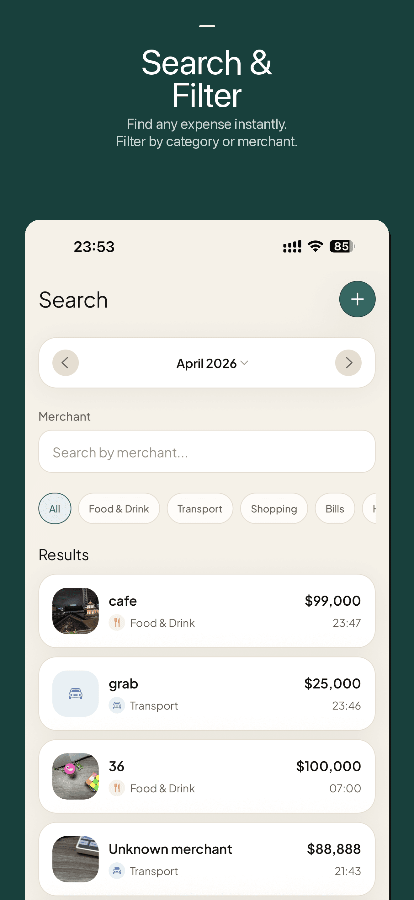 Search & Filter — Find any expense by category or merchant