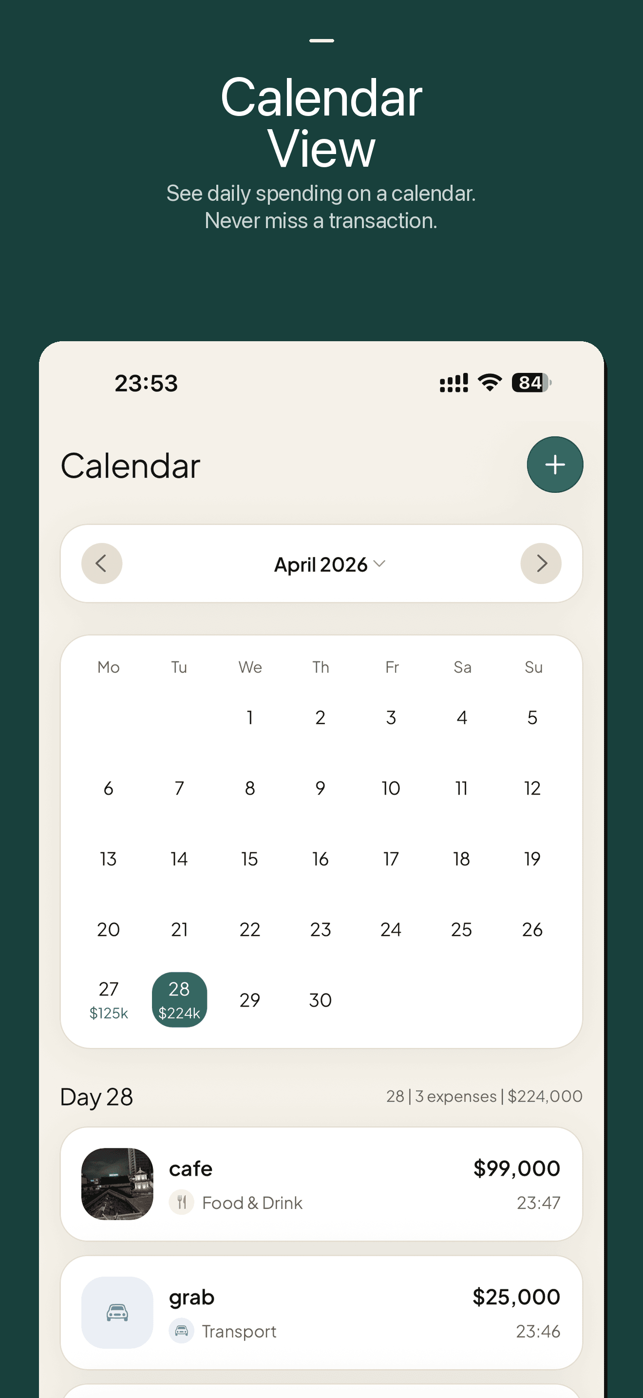 Calendar View — See daily spending on a calendar